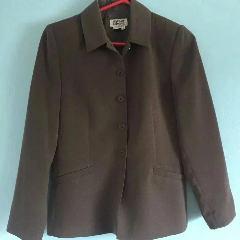 STYLE & Co. Button Down Fully Lined Open Front Green Career Blazer Jacket Sz 8P